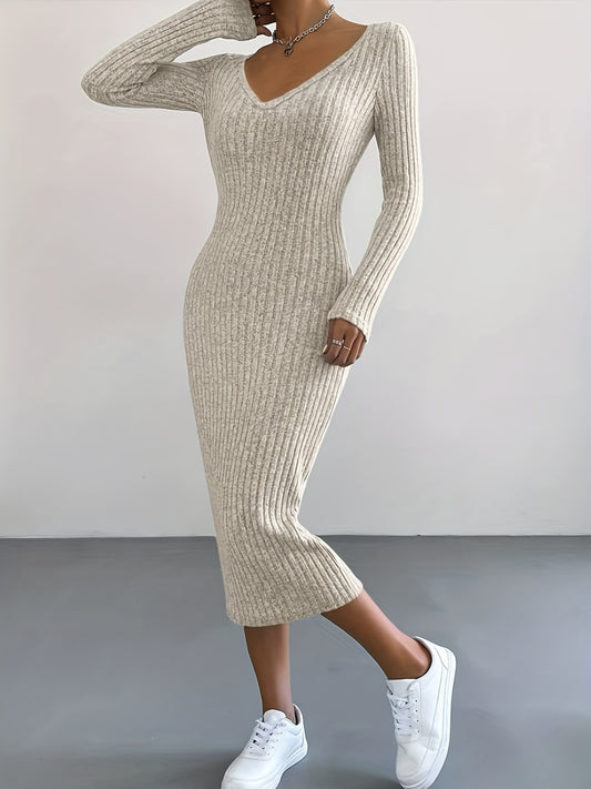 Mindy - Effen Rib Gebreide Sweater Jurk